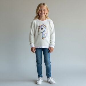 H&M girls sequin fuzzy unicorn pullover white size 12 / 14